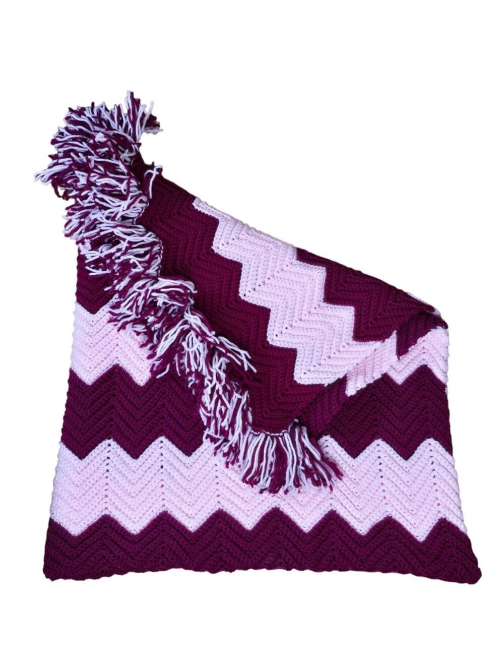 Vintage Handmade Chevron Afghan Blanket Pink Burgundy Fringed Knitted 72" x 50"